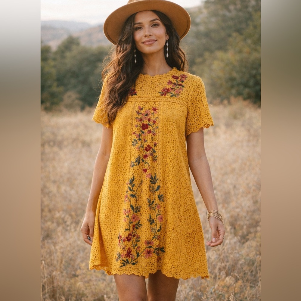 Umgee Mustard Lace Embroidered Shift Dress / Tunic‎ – Boho Cottagecore/